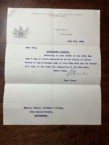 1902 salford town hall letter - 1902,