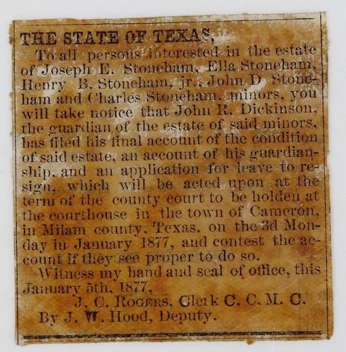 1877 texas legal notice - legal, milam